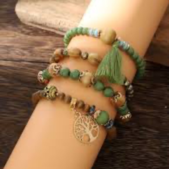 BOHO HEADED STACKED BRACELETS with CHARMS and TASSEL NWT - Picture 5 of 6